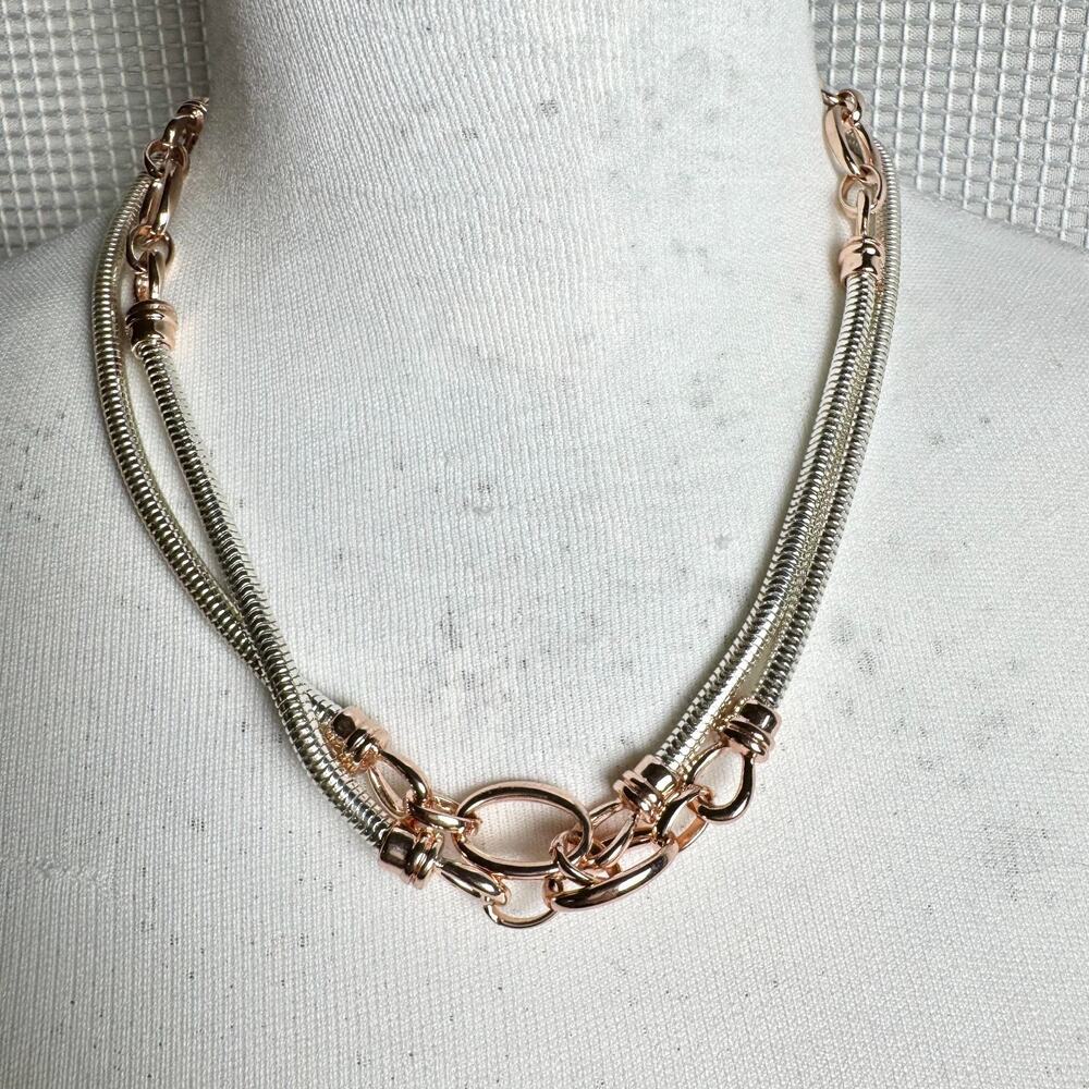 Two Tone Snake Chain Necklace Silver Tone with Gold Tone Link Accents Signed 36"